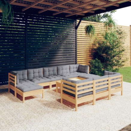 Salon de jardin 11 pcs avec coussins gris Bois de pin solide