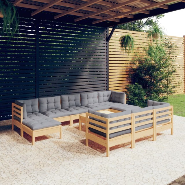 Salon de jardin 11 pcs avec coussins gris Bois de pin solide