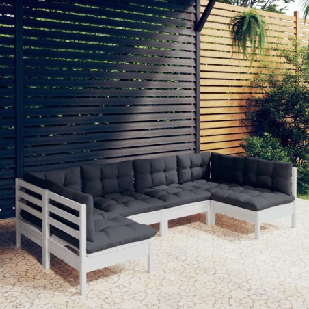 Salon de jardin 6 pcs avec coussins blanc bois de pin massif