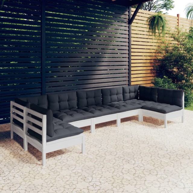 Salon de jardin 7 pcs avec coussins blanc bois de pin massif
