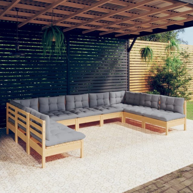 Salon de jardin 9 pcs avec coussins gris bois de pin massif