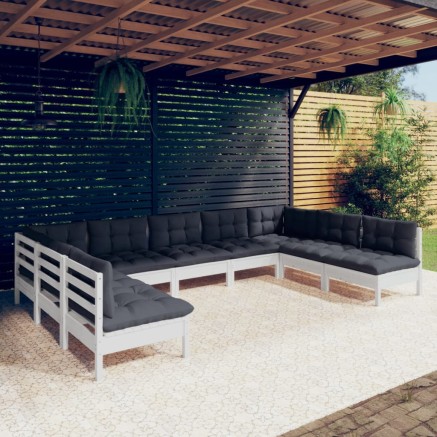 Salon de jardin 9 pcs avec coussins blanc bois de pin massif