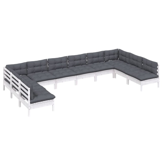 Salon de jardin 10 pcs avec coussins blanc bois de pin massif