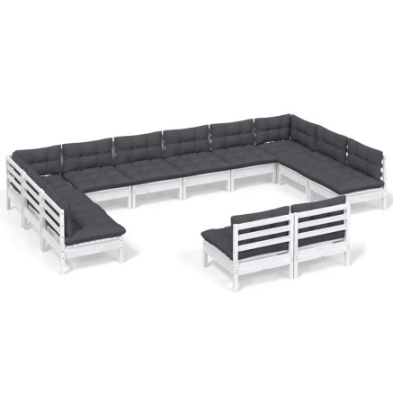 Salon de jardin 12 pcs avec coussins blanc bois de pin solide 2