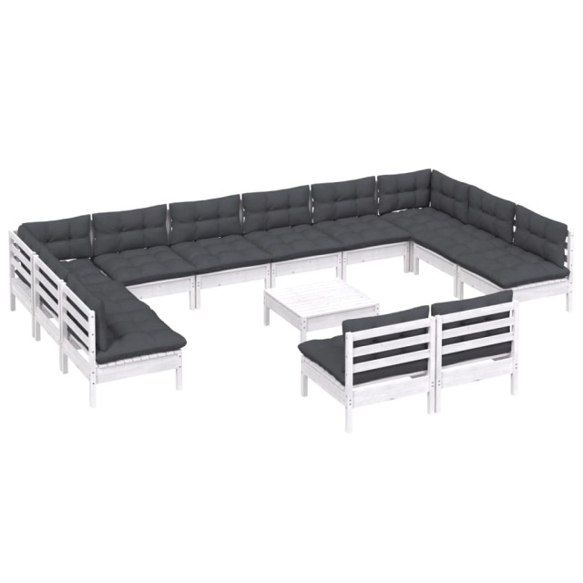 Salon de jardin 13 pcs avec coussins blanc bois de pin solide