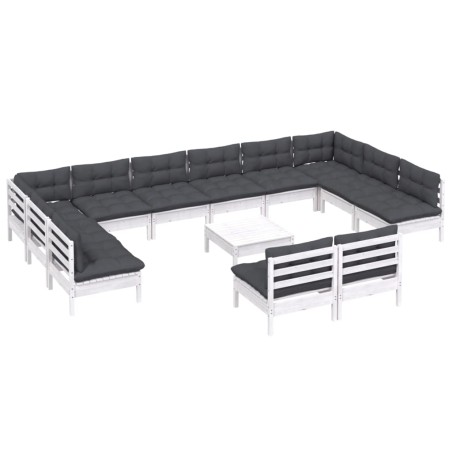 Salon de jardin 13 pcs avec coussins blanc bois de pin solide