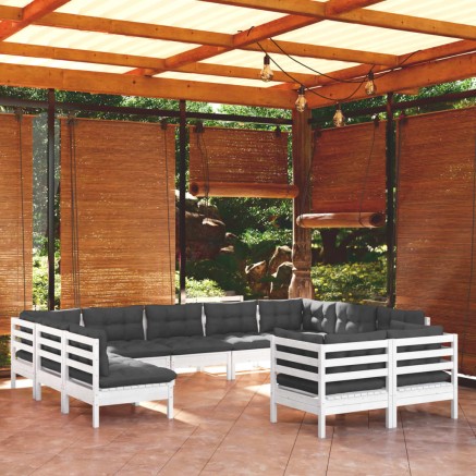 Salon de jardin 11 pcs avec coussins blanc bois de pin solide