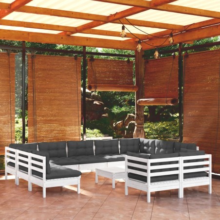 Salon de jardin 12 pcs avec coussins blanc bois de pin solide