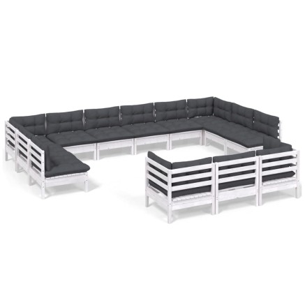 Salon de jardin 13 pcs avec coussins blanc bois de pin 2