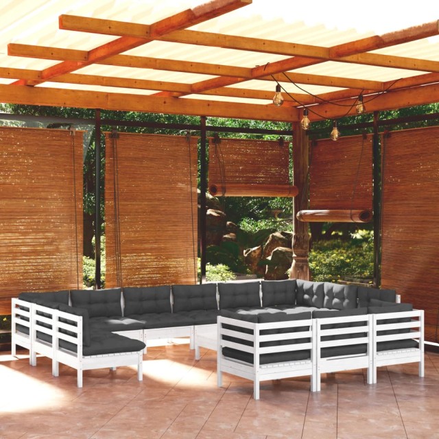 Salon de jardin 14 pcs avec coussins blanc bois de pin