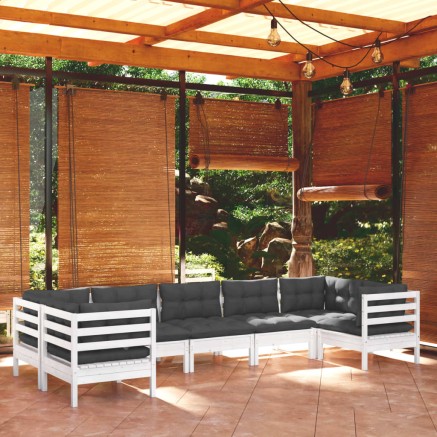 Salon de jardin 7 pcs avec coussins blanc bois de pin