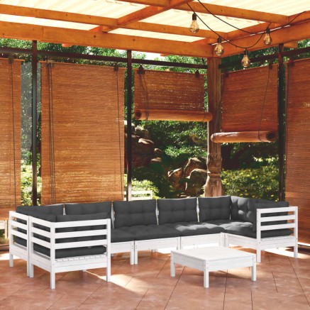 Salon de jardin 8 pcs avec coussins blanc bois de pin