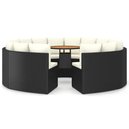 Salon de jardin 9 pcs avec coussins Résine tressée Noir