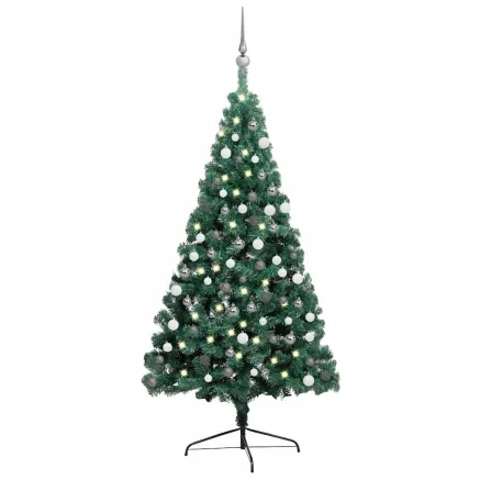 Demi-arbre de Noël artificiel pré-éclairé et boules vert 120 cm