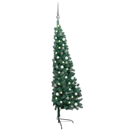 Demi-arbre de Noël artificiel pré-éclairé et boules vert 120 cm