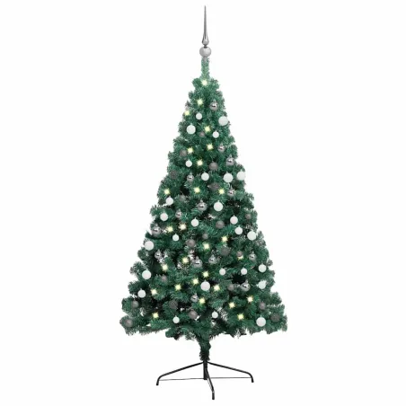 Demi-arbre de Noël artificiel pré-éclairé et boules vert 150 cm