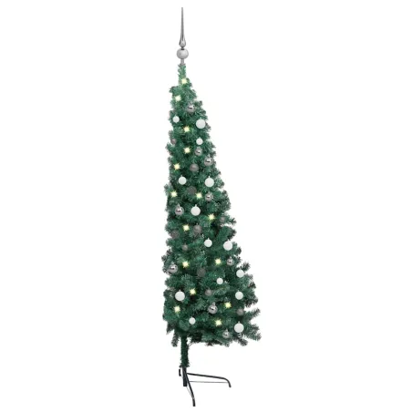 Demi-arbre de Noël artificiel pré-éclairé et boules vert 150 cm