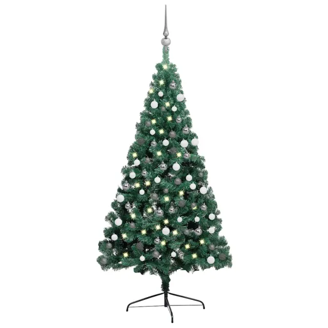 Demi-arbre de Noël artificiel pré-éclairé et boules vert 180 cm