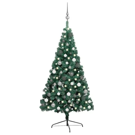 Demi-arbre de Noël artificiel pré-éclairé et boules vert 240 cm