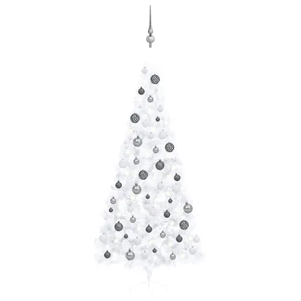 Demi-arbre de Noël artificiel pré-éclairé et boules blanc 240cm