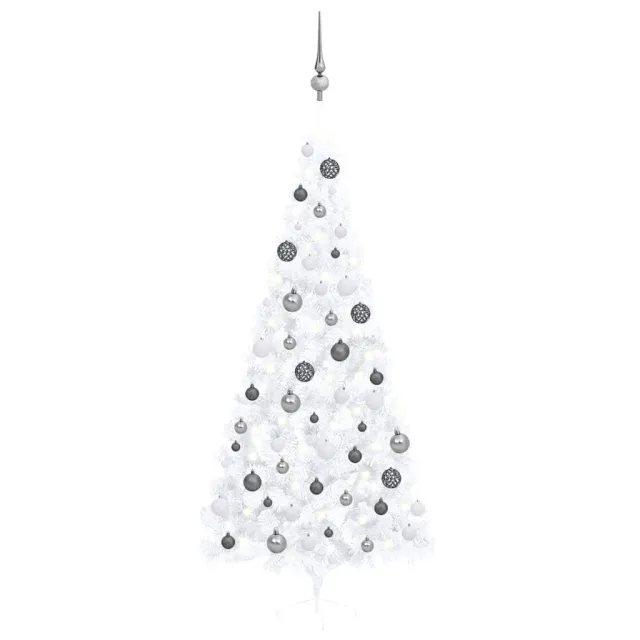 Demi-arbre de Noël artificiel pré-éclairé et boules blanc 240cm