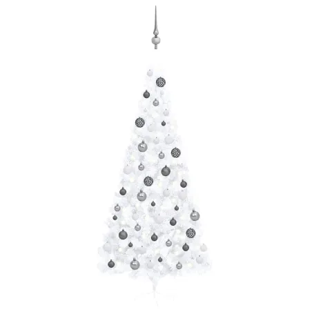 Demi-arbre de Noël artificiel pré-éclairé et boules blanc 240cm