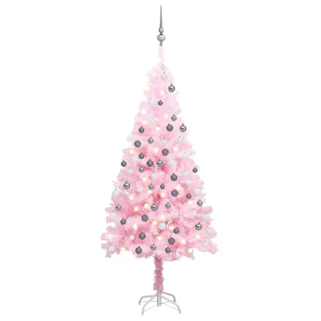Arbre de Noël artificiel pré-éclairé et boules rose 150 cm PVC