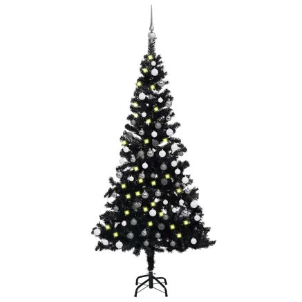 Arbre de Noël artificiel pré-éclairé et boules noir 150 cm PVC