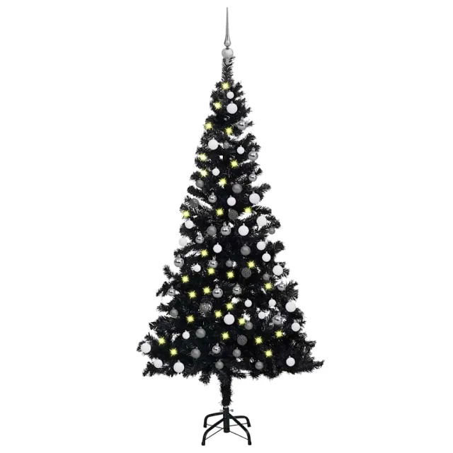 Arbre de Noël artificiel pré-éclairé et boules noir 150 cm PVC