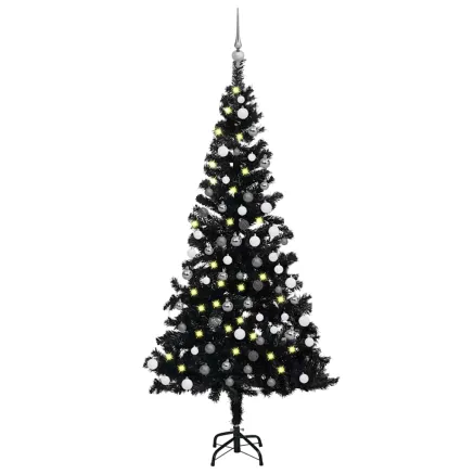 Arbre de Noël artificiel pré-éclairé et boules noir 180 cm PVC