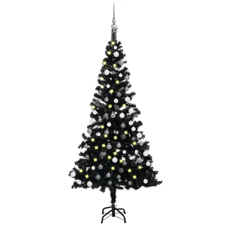 Arbre de Noël artificiel pré-éclairé et boules noir 180 cm PVC