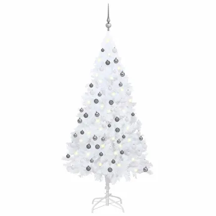 Arbre de Noël artificiel pré-éclairé et boules blanc 120 cm PVC
