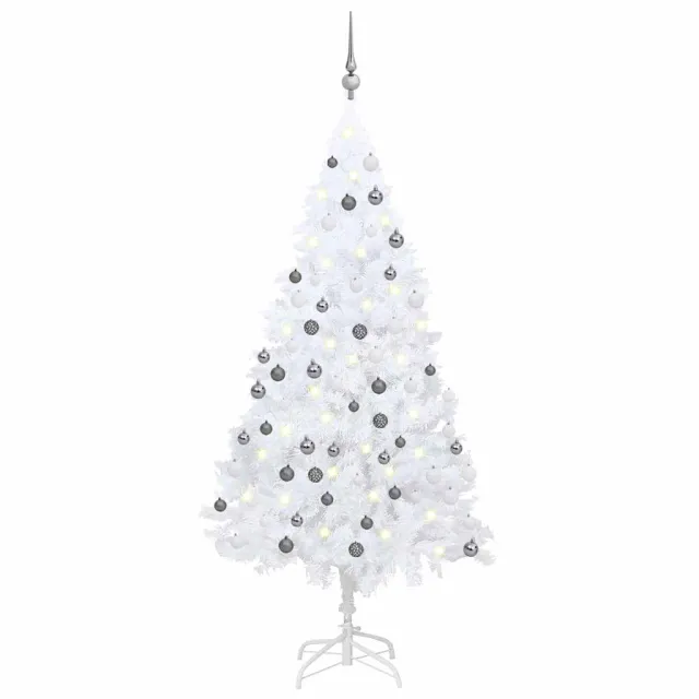 Arbre de Noël artificiel pré-éclairé et boules blanc 150 cm PVC