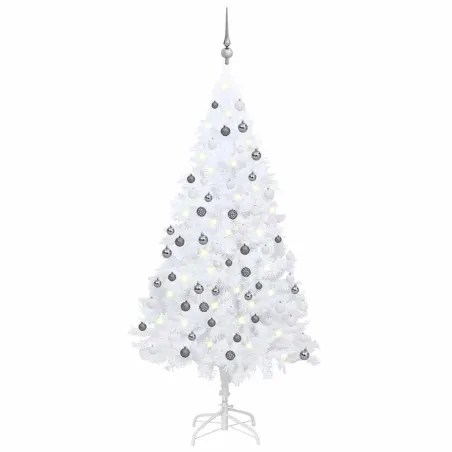 Arbre de Noël artificiel pré-éclairé et boules blanc 150 cm PVC