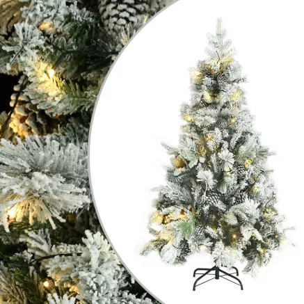 Sapin de Noël pré-éclairé avec neige floquée/cônes 195cm PVC/PE