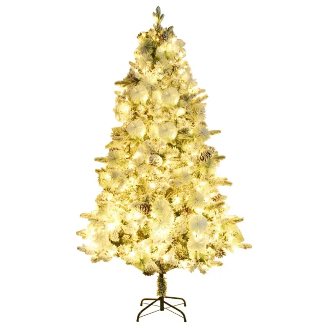 Sapin de Noël pré-éclairé avec neige floquée/cônes 195cm PVC/PE