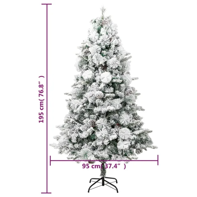 Sapin de Noël pré-éclairé avec neige floquée/cônes 195cm PVC/PE