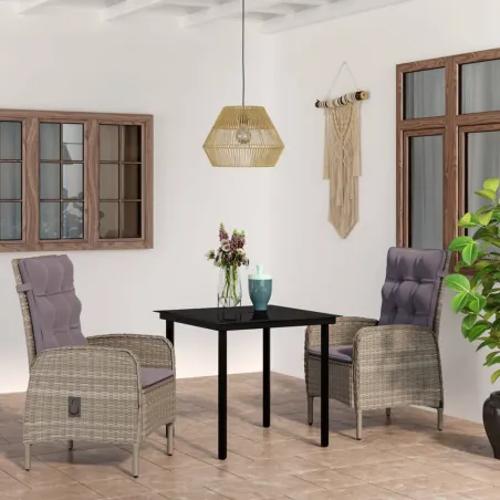 Ensemble à manger de jardin et coussins 3 pcs Gris et noir