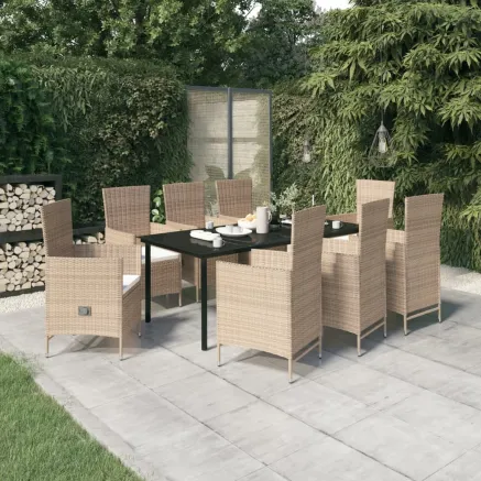 Ensemble à manger de jardin avec coussins 9 pcs Beige