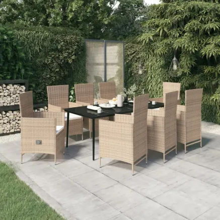 Ensemble à manger de jardin avec coussins 9 pcs Beige
