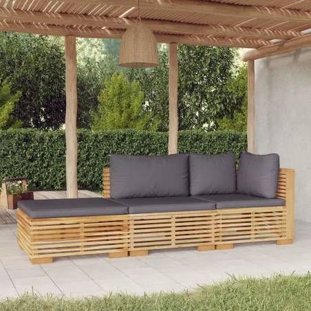 Salon de jardin 3 pcs avec coussins Bois de teck solide