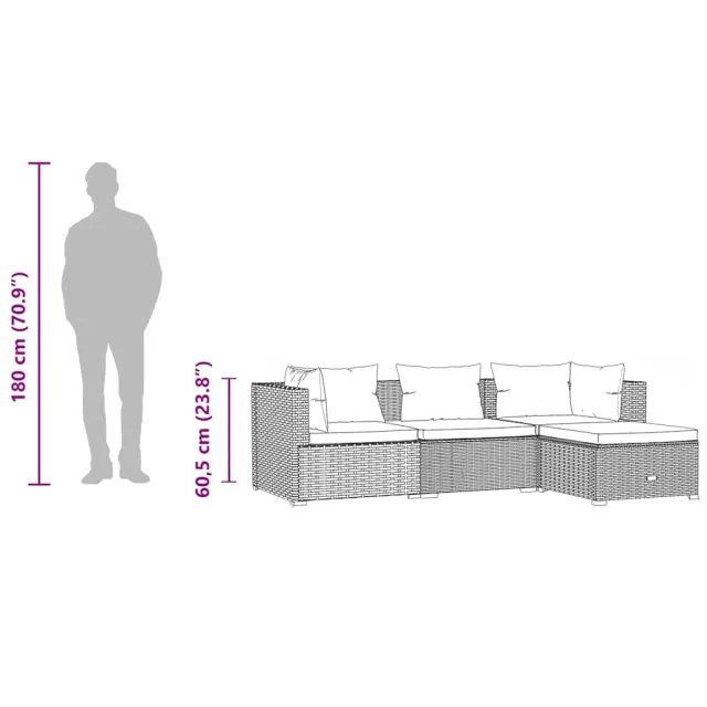 Salon de jardin 4 pcs avec coussins résine tressée gris