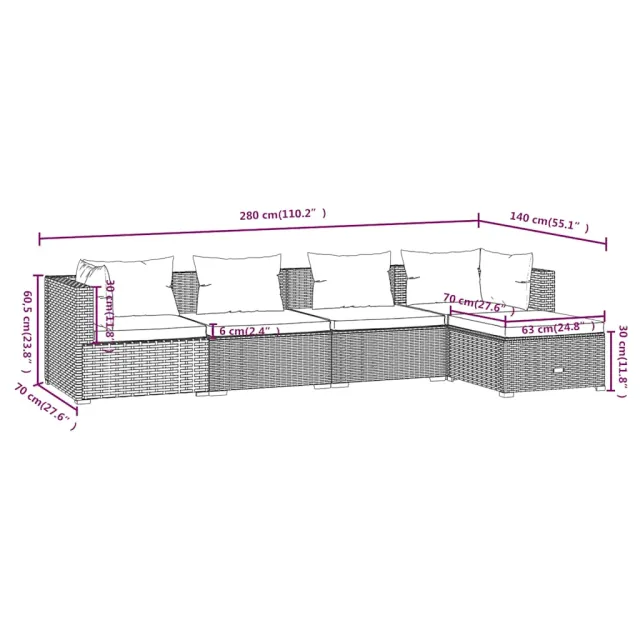 Salon de jardin 5 pcs avec coussins Résine tressée Noir