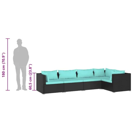 Salon de jardin 5 pcs avec coussins Résine tressée Noir