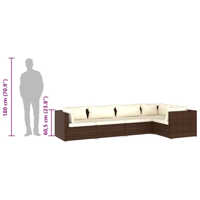 Salon de jardin 5 pcs avec coussins Résine tressée Marron