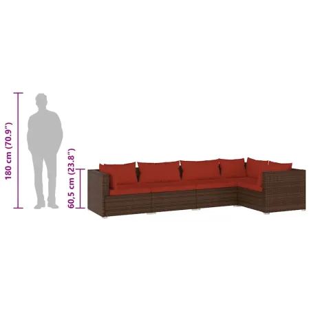 Salon de jardin 5 pcs avec coussins résine tressée marron