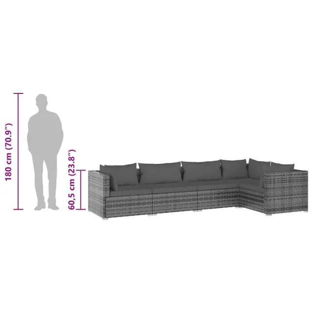 Salon de jardin 5 pcs avec coussins Résine tressée Gris