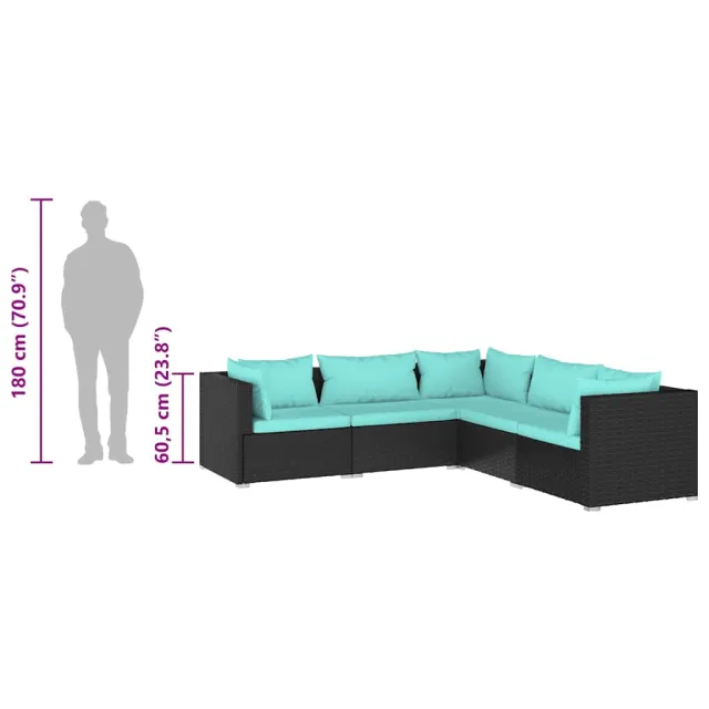 Salon de jardin 5 pcs avec coussins Résine tressée Noir