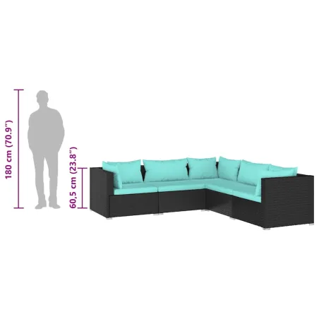 Salon de jardin 5 pcs avec coussins Résine tressée Noir