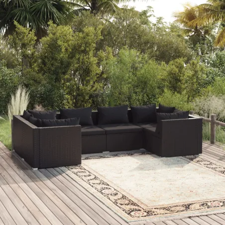 Salon de jardin 6 pcs avec coussins résine tressée noir